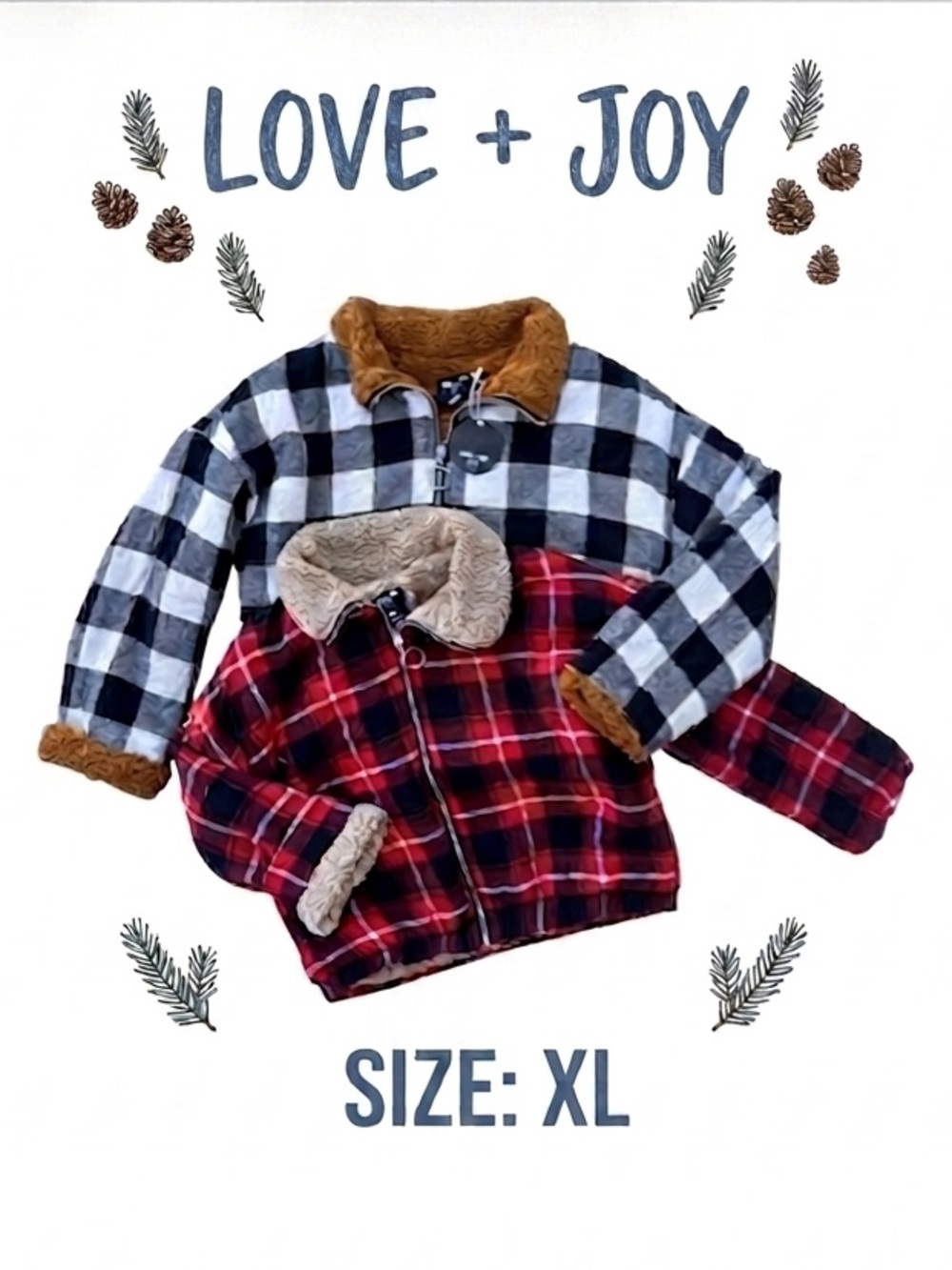 BUNDLE (2) LOVE + JOY Fleece Lined Plaid Bomber Jackets NWT(1) Blk/Red/White XL